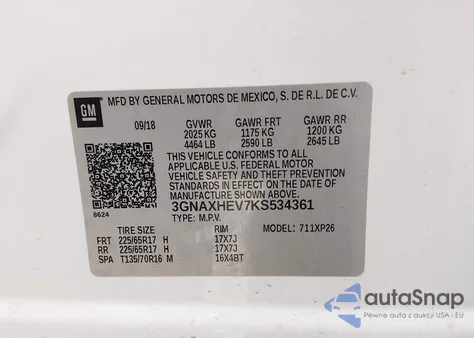 2019 Chevrolet Equinox Ls из США, поврежденный, VIN 3GNAXHEV7KS534361